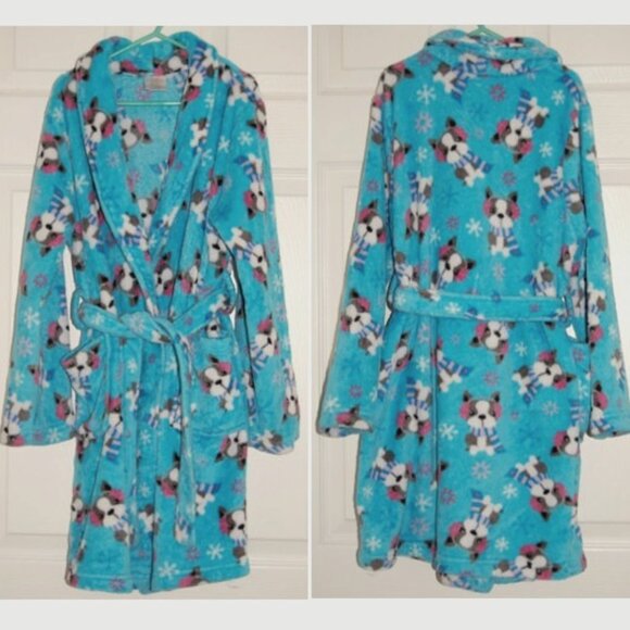Girls Size 10-12, Blue Plush Comfy Robe, Puppy & Snowflake Print - Picture 1 of 6